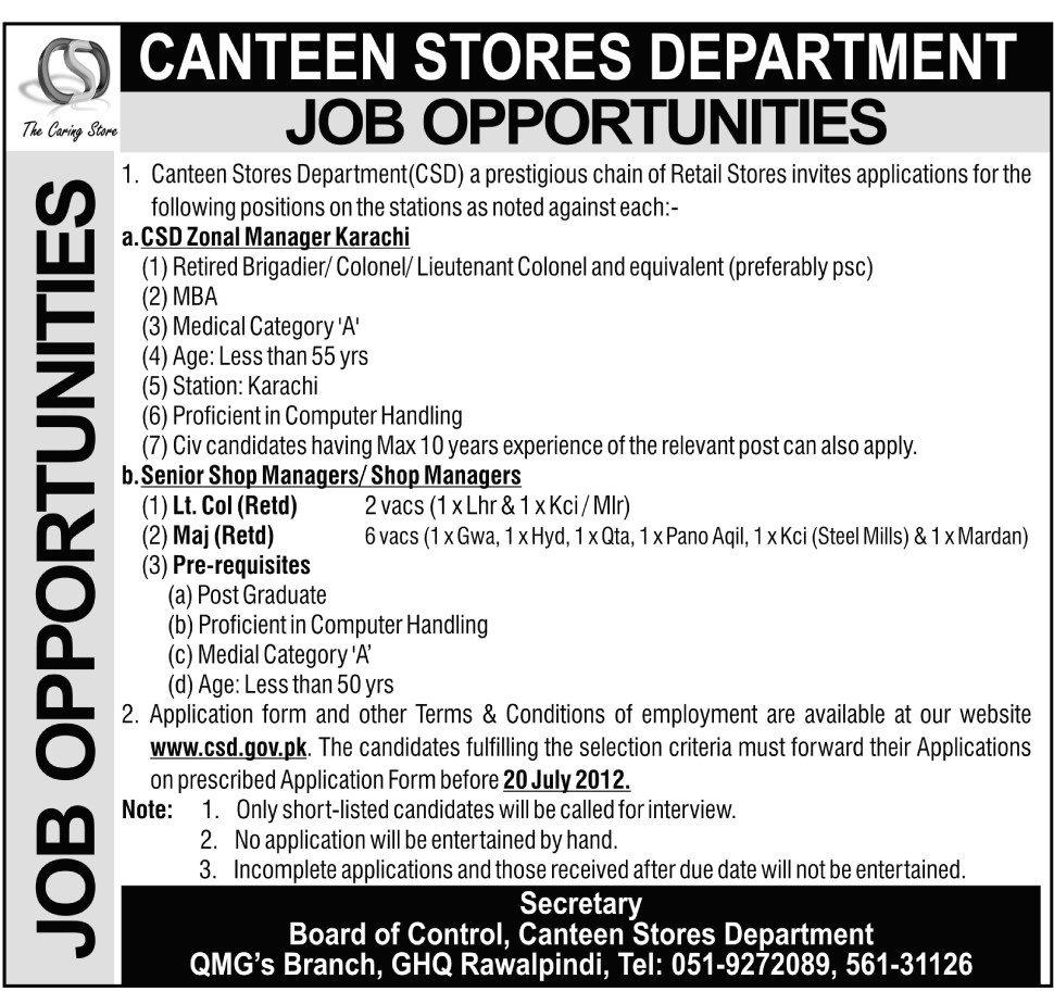 Canteen Stores Department (CSD) Requires Management Staff (Government